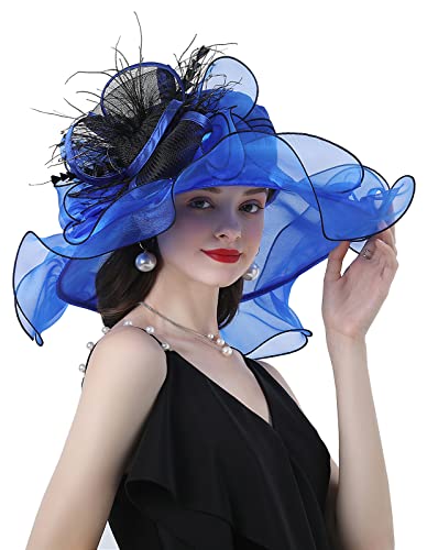 ORIDOOR Women Hats Headband Hairpin Organza Fascinator Church Hat Floral Tea Party Wedding Hat - color: 013e Navy Blue