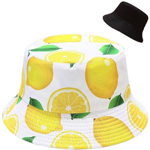 Unisex Bucket Hat Beach Sun Hat Aesthetic Fishing Hat for Men Women Teens, Reversible Double-Side-Wear - color: Lemon White