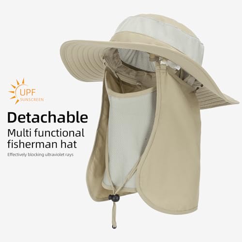 Fishing Hat, UPF 50+ Sun Cap with Detachable Mask - color: Khaki