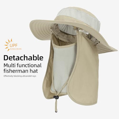 Fishing Hat, UPF 50+ Sun Cap with Detachable Mask - color: Khaki