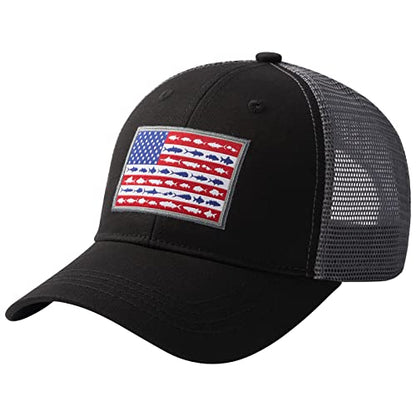 BASSDASH Altimate Fishing Hat Mesh Back for Men Women Adjustable Baseball Trucker Cap - color: Black/Fish Flag
