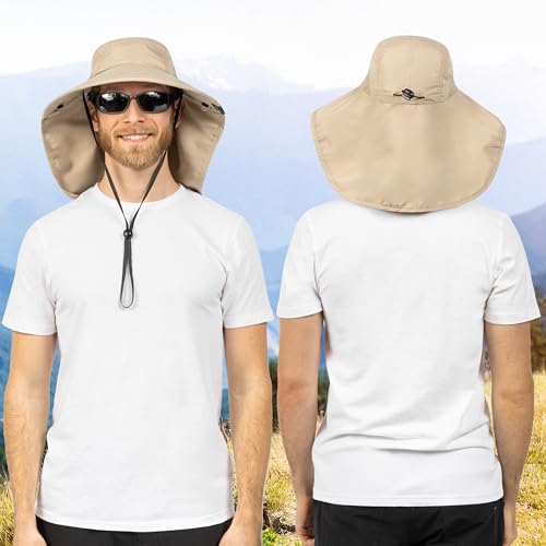 SUN CUBE Wide Brim Sun Hat with Neck Flap for Men Women, UPF50+ Fishing - color: Tan