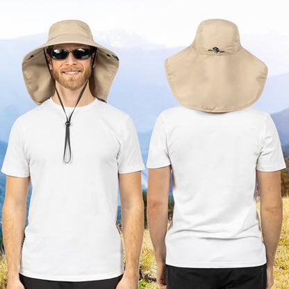 SUN CUBE Wide Brim Sun Hat with Neck Flap for Men Women, UPF50+ Fishing - color: Tan