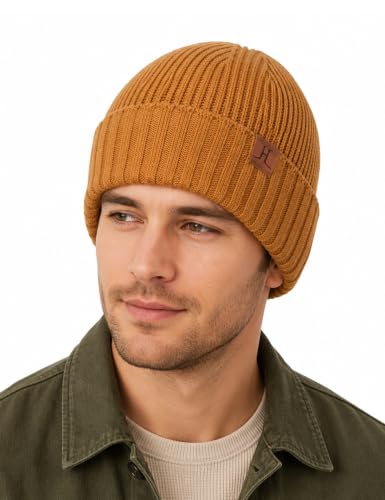 Winter Beanies Hats for Men, Knit Fleece Beanie Skull Caps, Mens Toboggans Ribbed Cuffed Stocking Hat - color: Brown