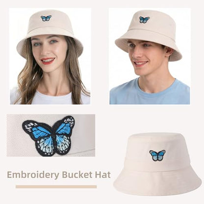 ZLYC Cotton Bucket Hat for Women Men Embroidered Packable Summer Sun Cap - color: Butterfly Beige