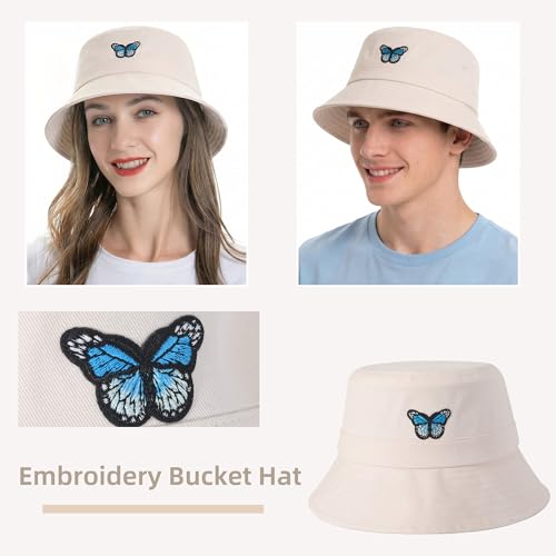 ZLYC Cotton Bucket Hat for Women Men Embroidered Packable Summer Sun Cap - color: Butterfly Beige