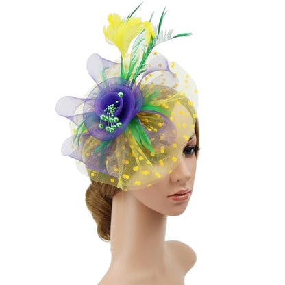 WLBON Fascinators Hat 20s 50s Headband Hair Clips Flower Feather Headpiece Headwear Women Halloween Carnival Cocktail Wedding Church Cosplay Dress Up Birthday Tea Party Accessories Purple Green Yellow - color: Purple Green Yellow