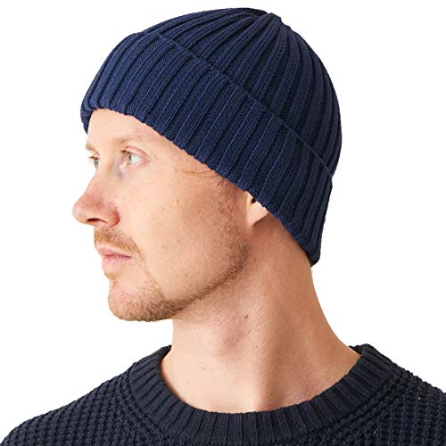 CHARM Mens Cotton Fisherman Beanie - Ribbed Trawler Knit Cap Womens Slouch Hat - color: Navy