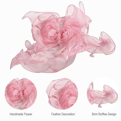 Women Oganza Sun Hat Church Wide Brim Wedding Formal Fascinator Hat - color: Pink