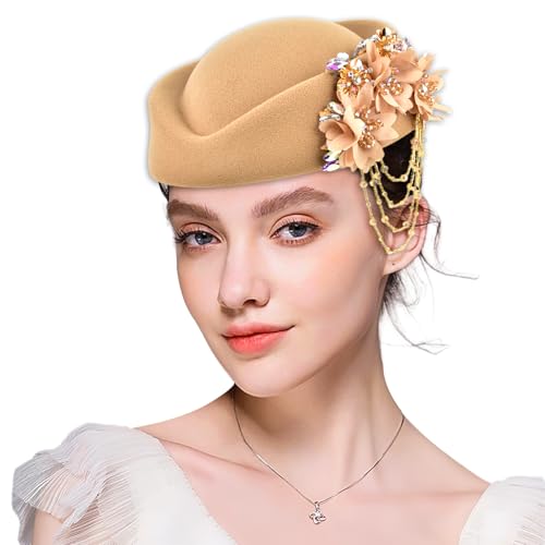 Women's Retro Stewardess Felt Hat, British Berets, Rhinestone Flower Decor, Ladies' Church Derby Hat - color: Tassel Style-khaki