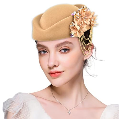 Women's Retro Stewardess Felt Hat, British Berets, Rhinestone Flower Decor, Ladies' Church Derby Hat - color: Tassel Style-khaki