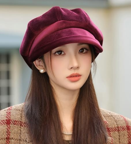 URAWOW Newsboy Cap for Women with Visor Fall Beret Hats for Women Ladies Slouchy Fashion Accessories Classic Casual - color: Style a Wine Red