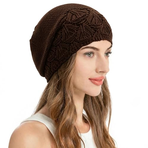 ZLYC Crochet Slouchy Beanie for Women Soft Lightweight Skull Cap - color: Solid Coffee