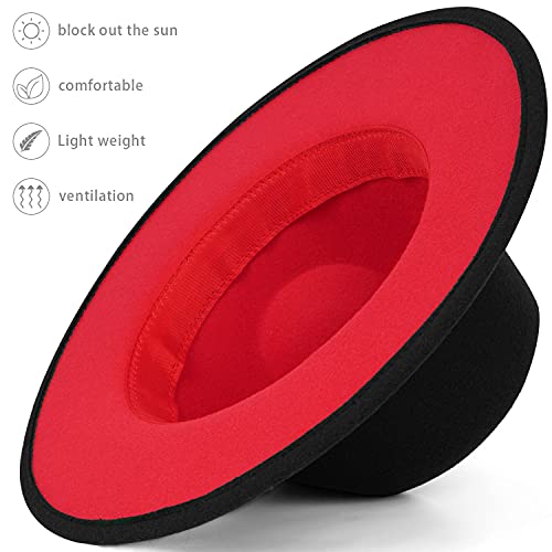 Trendy Fedora Hats for Men & Women Wide Brim Felt Hat Dress Panama Hat Two Tone Fedora - color: A Black-red, size: Medium