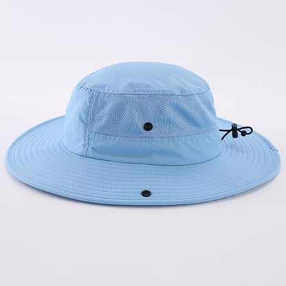 Home Prefer UPF50+ Mens Sun Hat Wide Brim Womens UV Protection Beach Bucket Hat for Fishing Hiking Snap Up Cowboy Hat - color: Light Blue