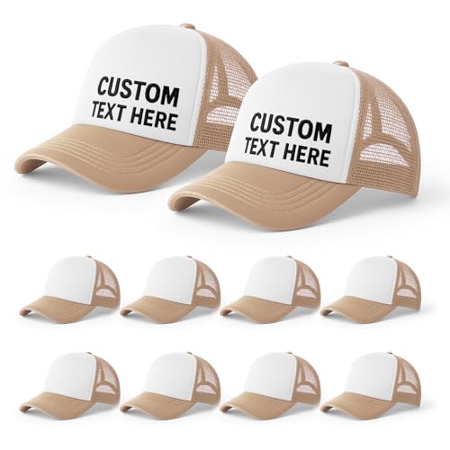 10 Pack Blank Trucker Hats Bulk, Plain Baseball Hats for DIY Heat Transfer Vinyl HTV Embroidery Team Events - color: Beige White