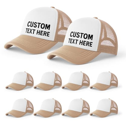10 Pack Blank Trucker Hats Bulk, Plain Baseball Hats for DIY Heat Transfer Vinyl HTV Embroidery Team Events - color: Beige White