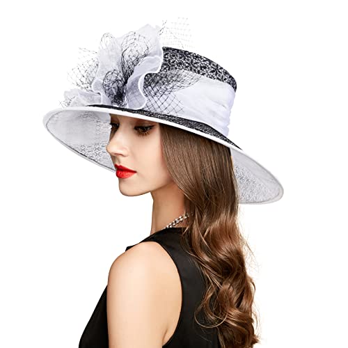 2026 Derby Hats for Women Ladies, Classy Organza Sun Hat, Church Tea Party Wedding Kentucky Fascinator Hat - color: B4215-white