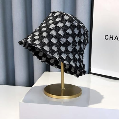Women's Washed Cotton Bucket Hat Cowboy Checkerboard Fishermen Hat - color: Black