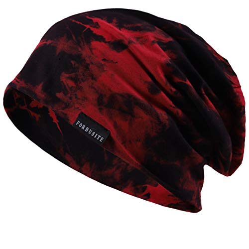Mens Slouchy Beanie Hat Thin Baggy Summer Skull Cap - color: Black/Claret