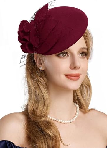 Women's Vintage 100% Wool Felt Cloche Bucket Bowler Hat Winter Vintage Bow Fedoras Church Fascinator - color: 02-wine