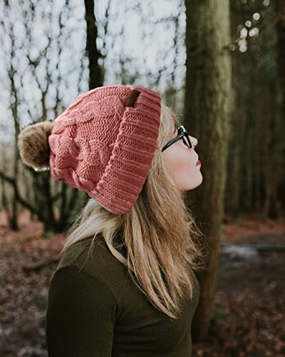 Novarena Thick Cable Knit Faux Fuzzy Fur Pom Fleece Lined Skull Cap Cuff Beanie - color: Coral Pink Pom Beanie