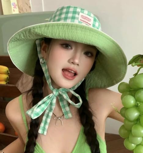 Sun Hats for Women Reversible Plaid Sun Cap Bucket Hat Wide Brim UV Protection Beach Hats 2025 Summer Travel Cap Fishing Hat - color: Green