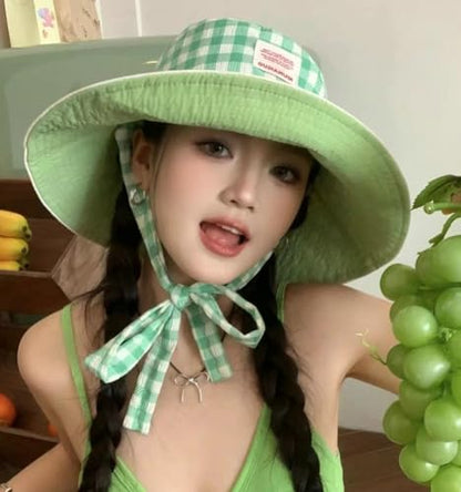 Sun Hats for Women Reversible Plaid Sun Cap Bucket Hat Wide Brim UV Protection Beach Hats 2025 Summer Travel Cap Fishing Hat - color: Green