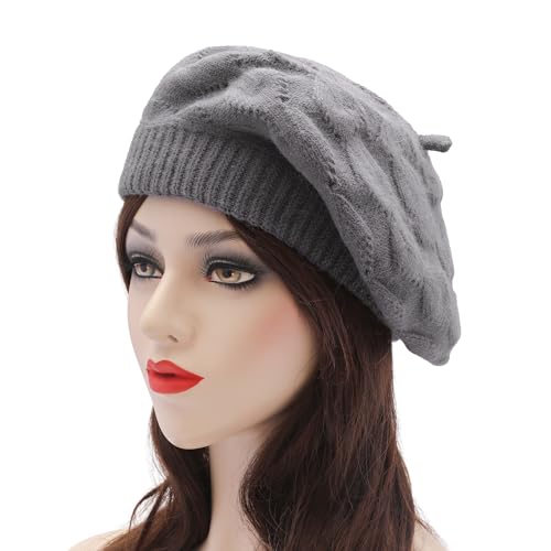 ZLYC Women French Beret Hat Reversible Solid Color Knit Warm Artist Cap - color: Cable Pattern Gray