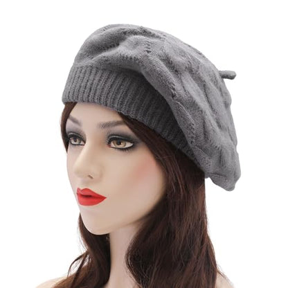 ZLYC Women French Beret Hat Reversible Solid Color Knit Warm Artist Cap - color: Cable Pattern Gray
