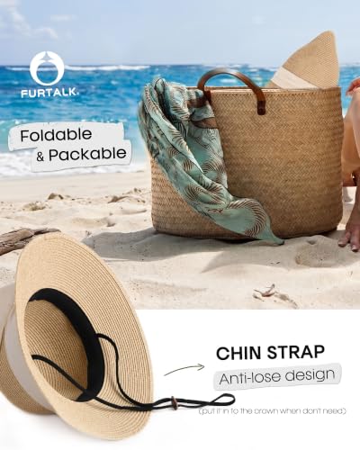 FURTALK Womens Beach Sun Straw Hat Wide Brim UV Protection Travel Hat - color: Mix Beige-beige, size: Large-X-Large