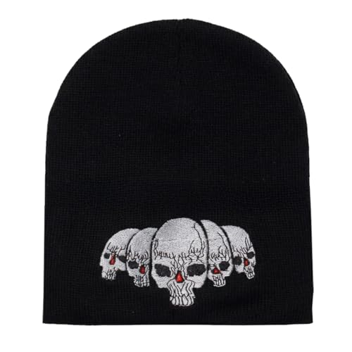 TOP HEADWEAR Skull Beanie Short Knit Cuffless Winter Hat Embroidered Skulls - color: Black Skulls