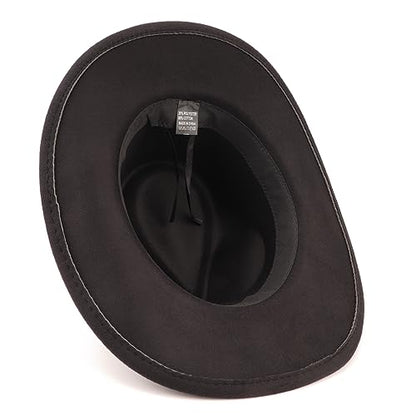 DRESHOW Women Men Classic Felt Wide Brim Western Cowboy & Cowgirl Cap Belt Buckle Retro Panama Hat Unisex Rolled up Caps - color: 1 Pack Style 1: Black a (Hat Circumference: 22-22.8")