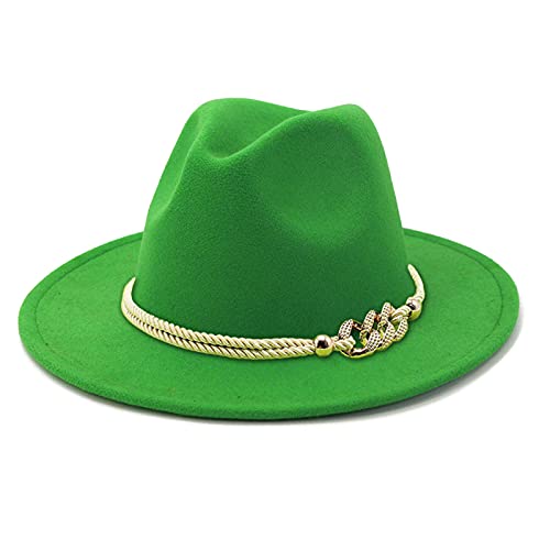 Lady Wide Brim Felt Fedora Panama Hat with Ring Belt - color: Forestgreen, size: Medium