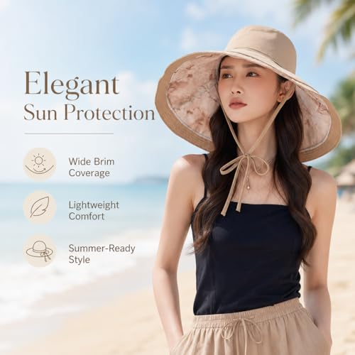 Wide Brim Sun Hats for Women UV Protection Reversible Bucket Hat Foldable Beach Hats Summer Hat for Garden Travel - color: Khaki Tie-dye