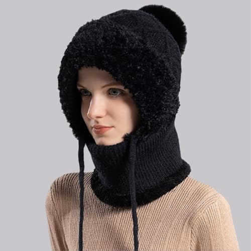 Women’s Knitted Beanie Hat with Face Cover - 3 in 1 Winter Balaclava with Mask Scarf Ear Muffs Pompom Fleece Lined Snow Caps - color: Black-b