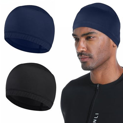Cooling Skull Caps for Men Hard Hat Helmet Liner Cycling Cap Running Beanie - color: 2pcs-（black+navy Blue）