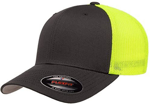 Mrlahat 6511 Flexfit Trucker Mesh One Size Fitted Cap 6 Panels with Black Bandana - color: Charcoal/Neon Green