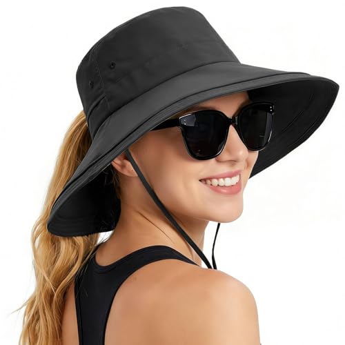 Rosoz Women Sun Hat with Ponytail Hole Wide Brim Bucket Hats UPF 50+ Beach Hiking Gardening Hat Water-Resistant Outdoot Hat - color: Black