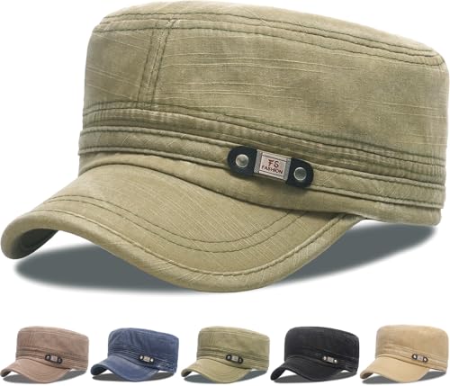 Initlove Cadet Caps for Men Washed Cotton Military Army Cap Flat Top Hat for Women - color: Green