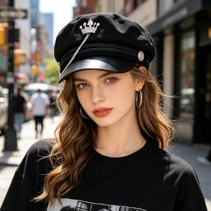 Women’s Black Newsboy Cap Gothic Beret with Chain Heart Buckle/Crown Accents Flat Top Visor Baker Boy Sailor Hat - color: Black With Crown Chain