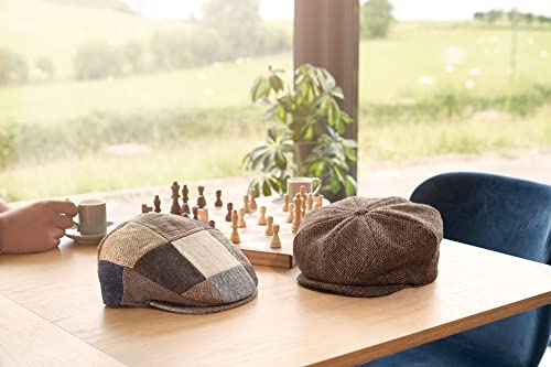 Hanna Hats Traditional Irish Tweed Eight Piece Cap. Unisex Newsboy Cap. Button Crown & Taffeta Lining. 100% Made in Ireland. - color: Brown Fleck Salt & Pepper, size: Medium
