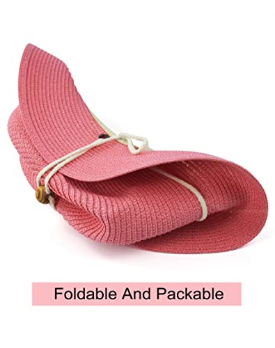 Women Straw Fedora Hat Summer Panama Beach Sun Hats UV UPF50+ Cap - color: Pink