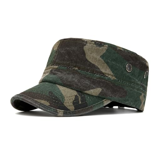 Military Cadet Army Cap for Men Women-Washed Cotton Vintage Adjustable Flat Top Baseball Hat - color: Camo Green