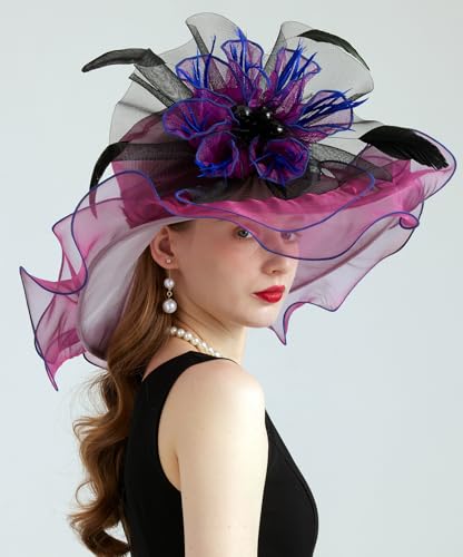 Women's Organza Church Kentucky Hat Fascinato Wedding Cocktail Tea Party Derby Hats Sun Hat - color: 01-purple Red