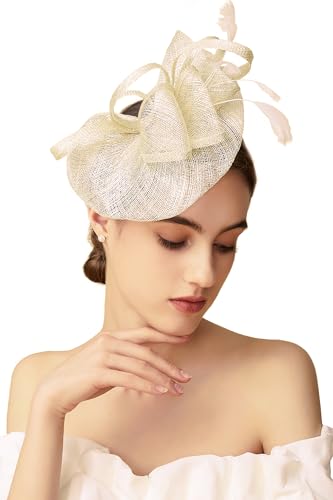 BABEYOND Fascinators Hats for Women Tea Party Glitter Pillbox Hat Derby Hat - color: Off-white