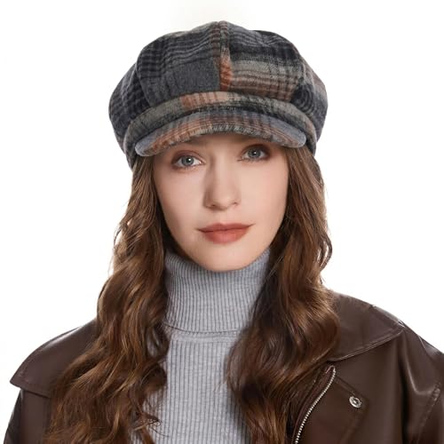 ZLYC Women Classic Newsboy Cap Visor 8 Panel Gatsby Cabbie Paperboy Hat - color: Plaid Brown and Gray