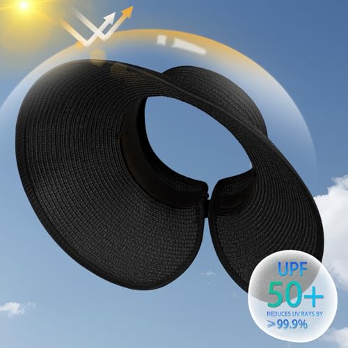 Women's Sun Visor Hats Wide Brim Straw Beach Hat Ponytail Hats for Women Foldable Floppy - color: 1pack-black-diyblack