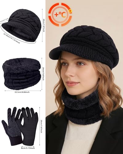 Loritta 3 in 1 Womens Winter Hat Gloves Scarf Set, Warm Hat Mittens - color: A-black