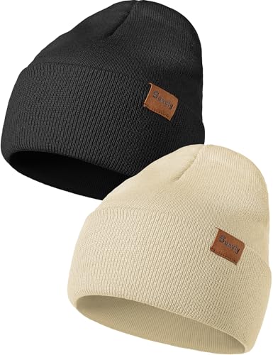 Beanie Hats for Men Women Knit Winter Hat, Warm Skull Stocking Cap, Striped Snow Hat Heated Cuffed Beanie - color: 2p-black+beige